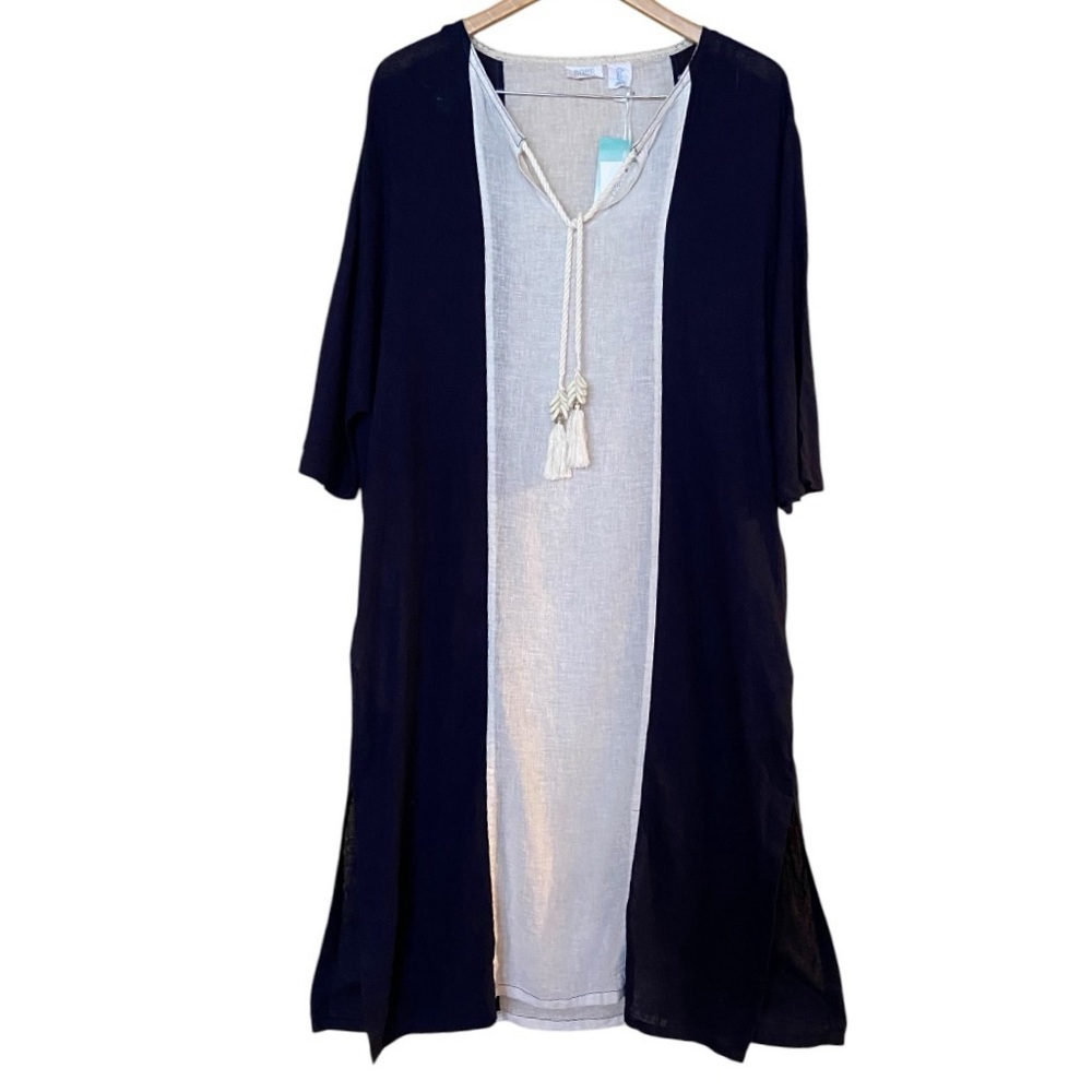 New Sigrid Olsen Blue White Linen Blend Oversized Kaftan Beach Dress Small